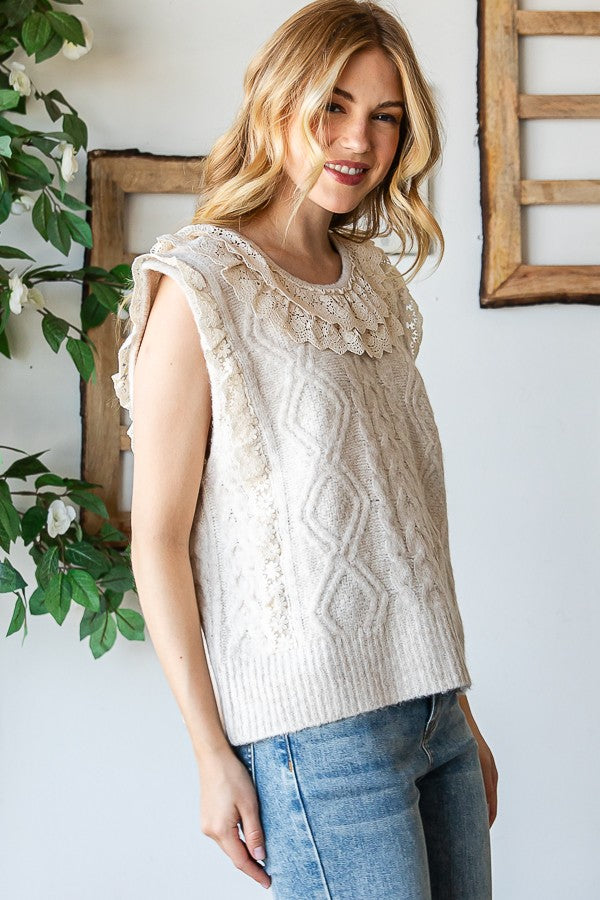 Oli & Hali Cable Knit Sweater Vest With Lace Trim Top