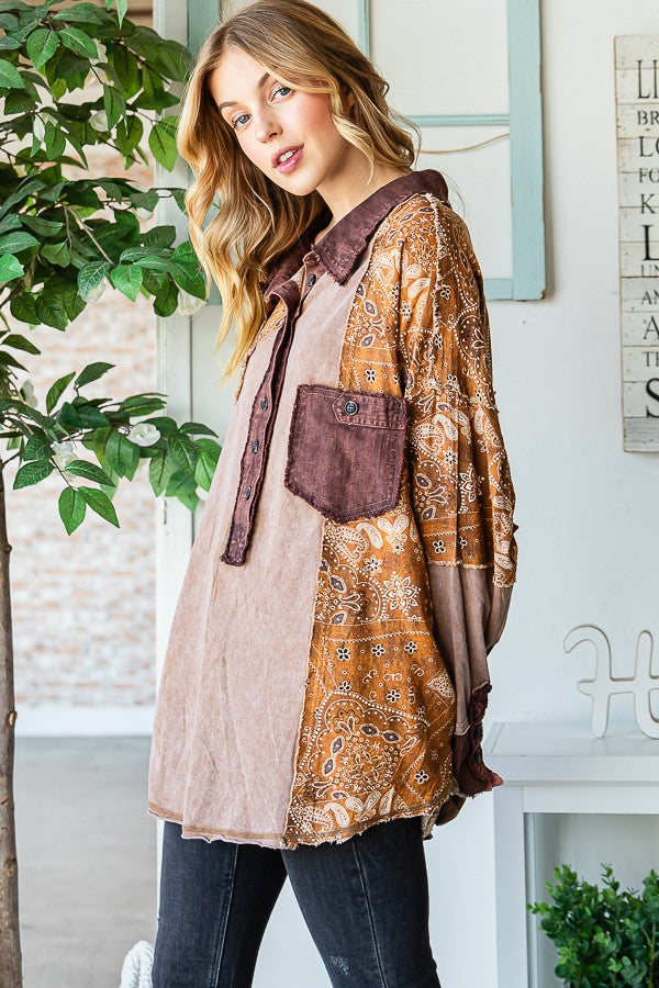 Oli & Hali Washed Fabric Mixed Long Sleeve Top