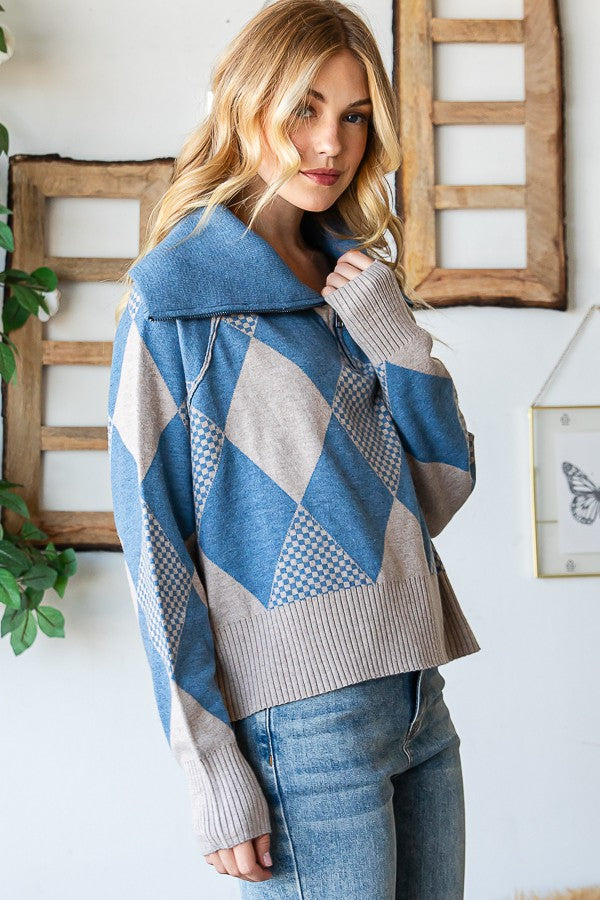 Oli & Hali Argyle Half Zip Up Pullover Sweater Top