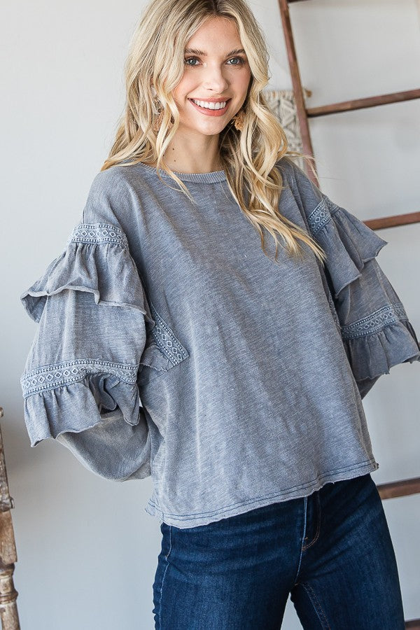 Oli & Hali Mineral Washed Ruffle Crochet Sleeves Top