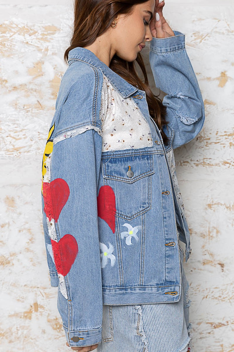 POL Hand Paint Print Patch Work Hand Print Denim Jacket