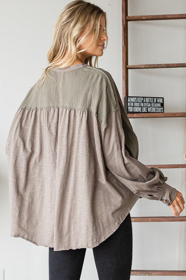 Oli & Hali Mineral Washed Pintuck Pleats Half Button Top