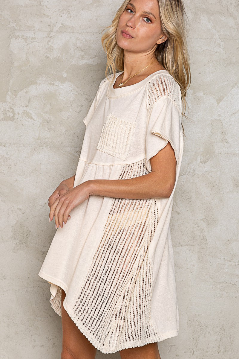 POL Short Sleeve Round Neck Long Shirt Back Eyelet Knit Dress Top - Roulhac Fashion Boutique