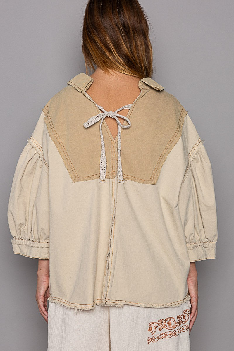 POL Color Block Button Down V Neck Balloon Sleeve Top