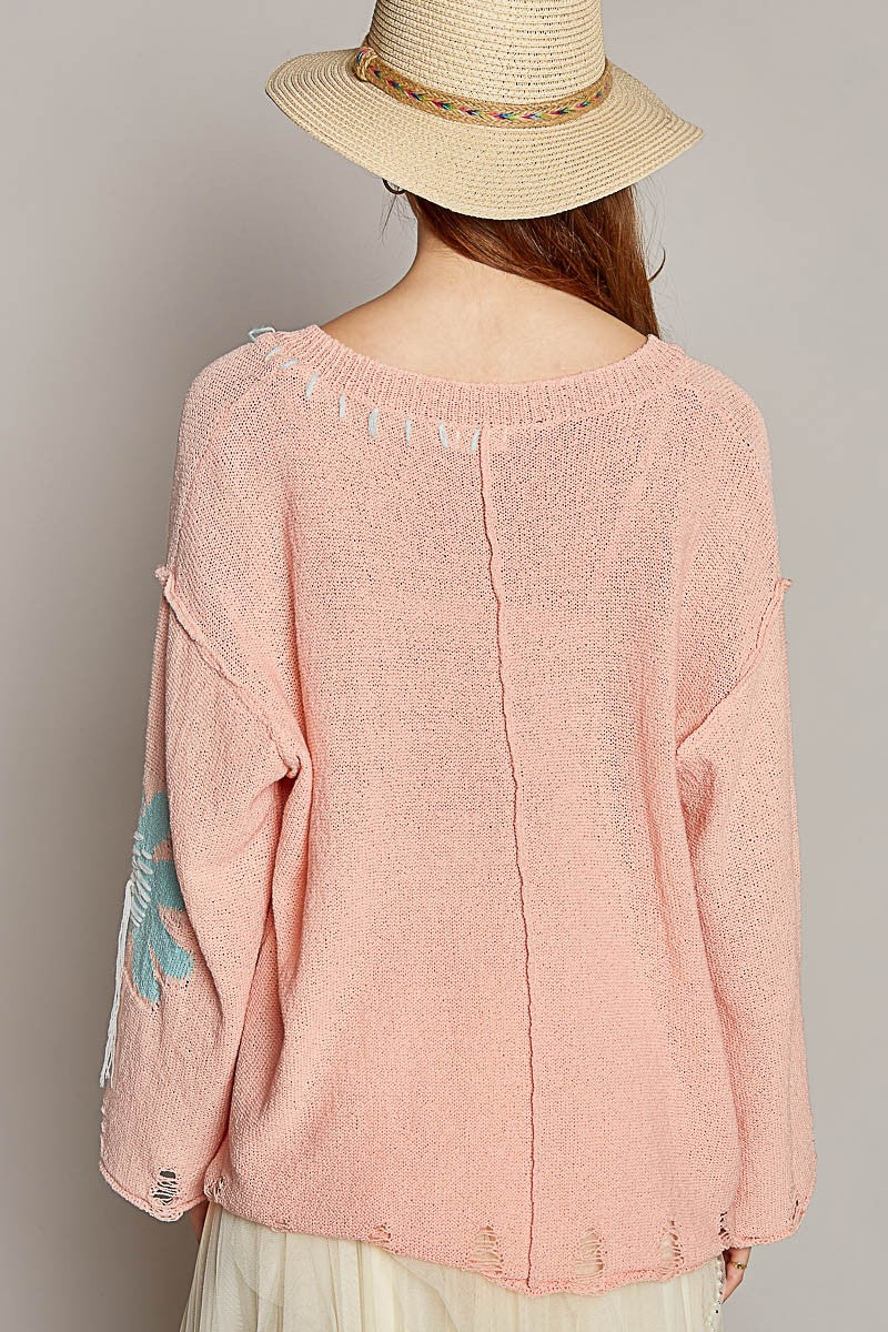 POL V-Neck Long Sleeve Flower Distressed Solid Sweater Top