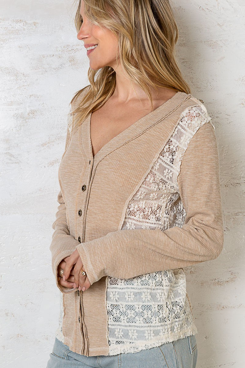 POL Ribbed Long Sleeve Button Front Contrast Lace V-Neck Lace Mix Top