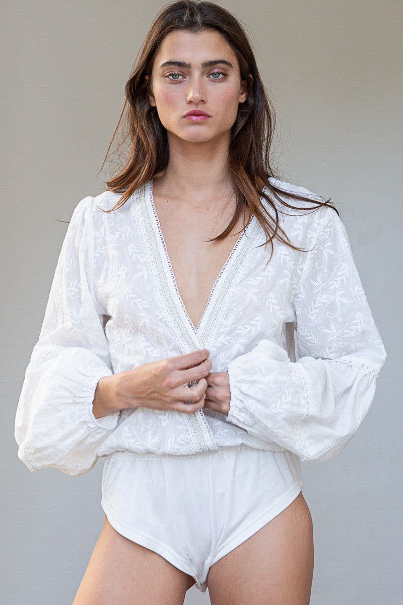 POL V-neck Embroidered detail Body suit - Roulhac Fashion Boutique