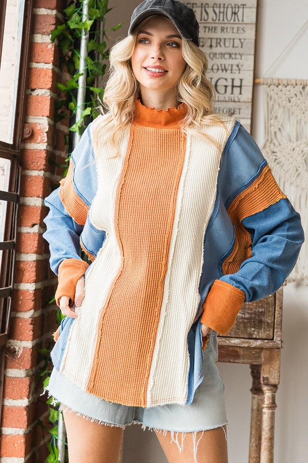 Oli & Hali Washed Fabric Mixed Long Sleeve Pullover Top