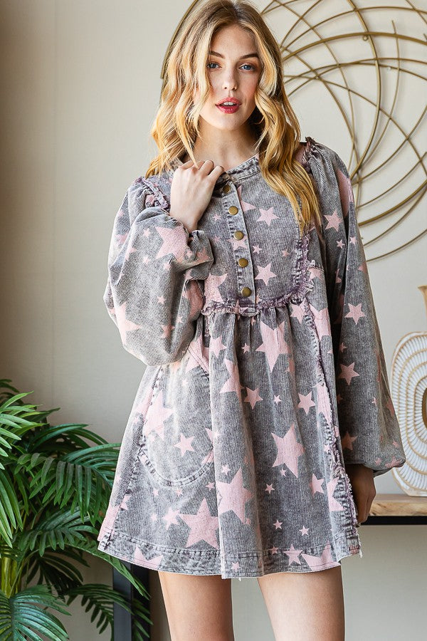 Oli & Hali Washed Star Print Corduroy Babydoll Top