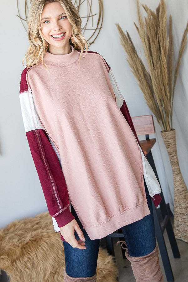 Oli & Hali Color Block Washed Detail Loose Fit Knit Top