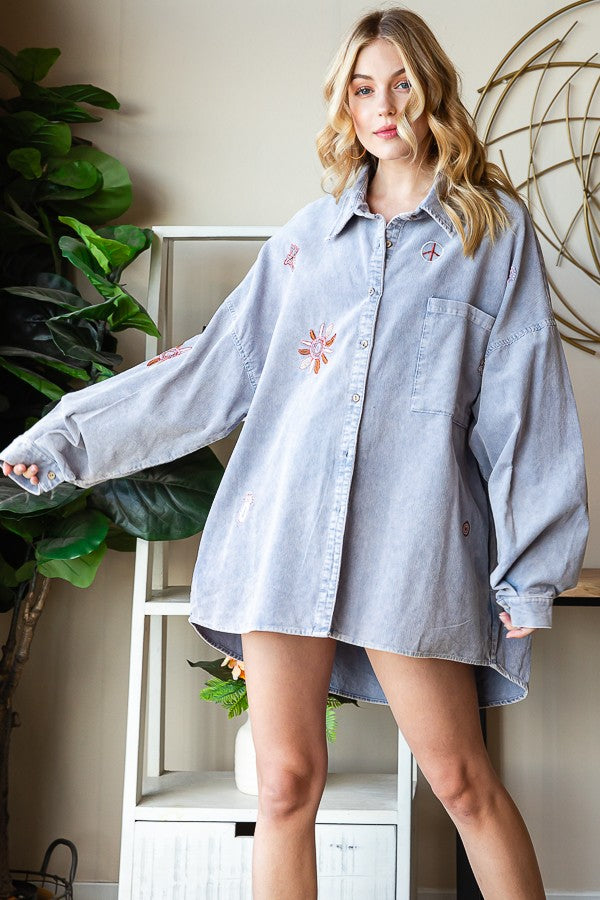 Oli & Hali Washed Embroidery Pincorduroy Shirt Top