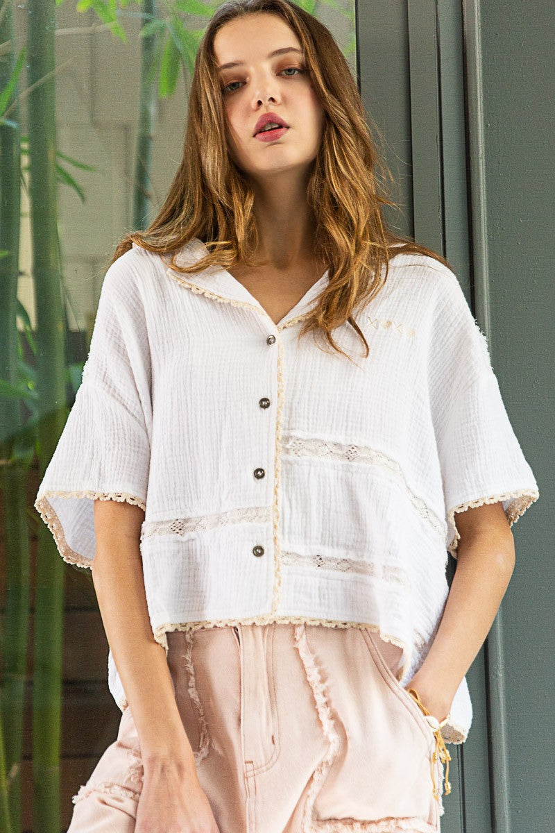 POL Oversize Gauze Dropped Shoulder 1/2 Sleeve Shirt Top