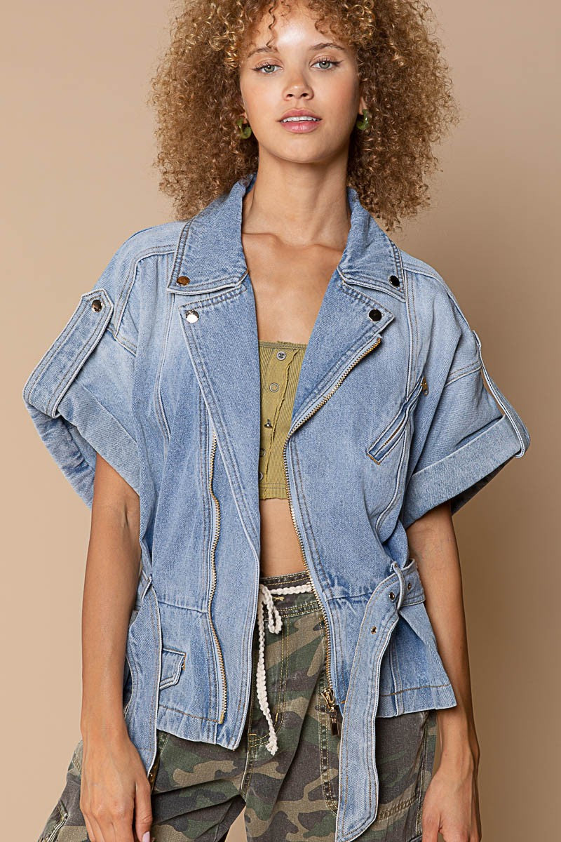 POL Asymmetrical Zipper Dropped Shoulders Waist Belt Denim Jacket