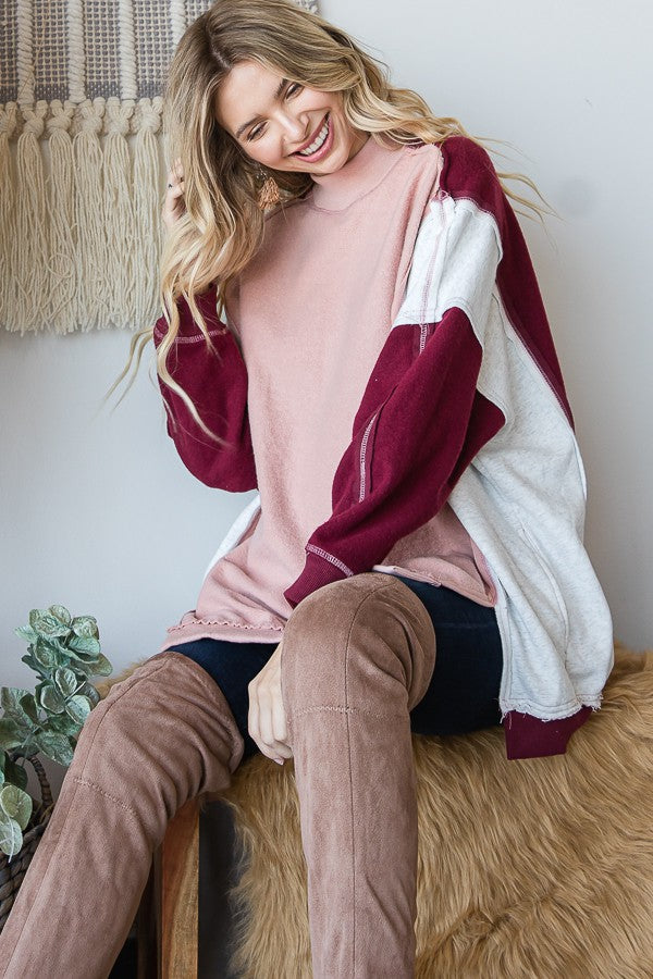 Oli & Hali Color Block Washed Detail Loose Fit Knit Top