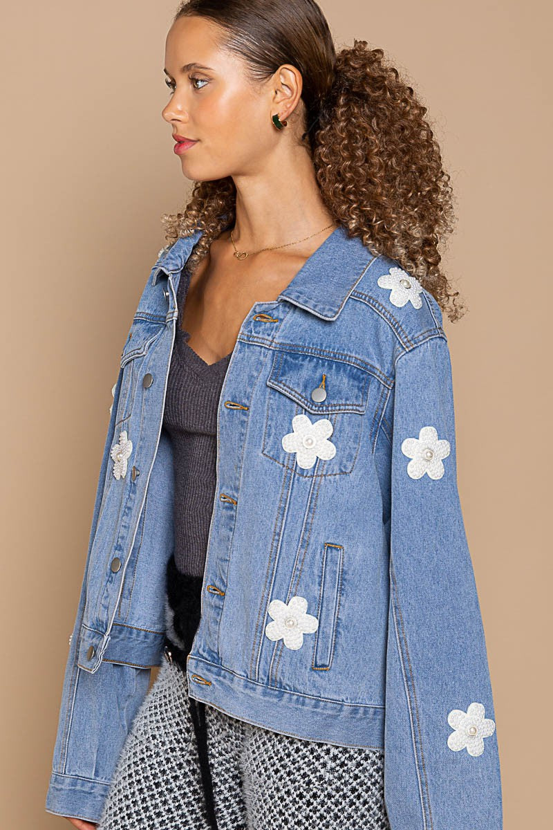 POL Pearl Flower Patch Denim oversized fit long sleeve Jacket