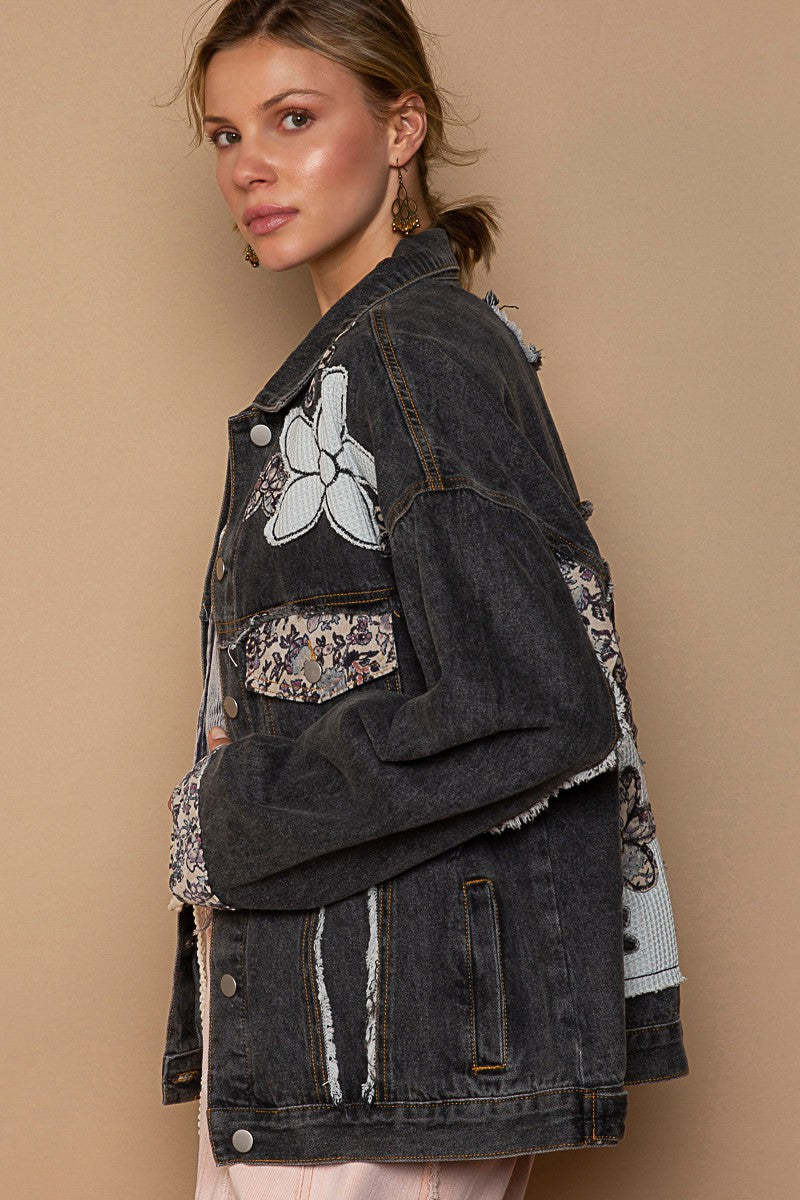 POL Lace Floral Patch Work Button Down Collared Denim Jacket