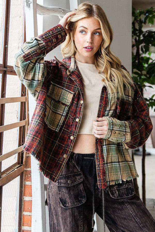 Oli & Hali Daisy Trimmed Washed Plaid Mixed Shirt Top