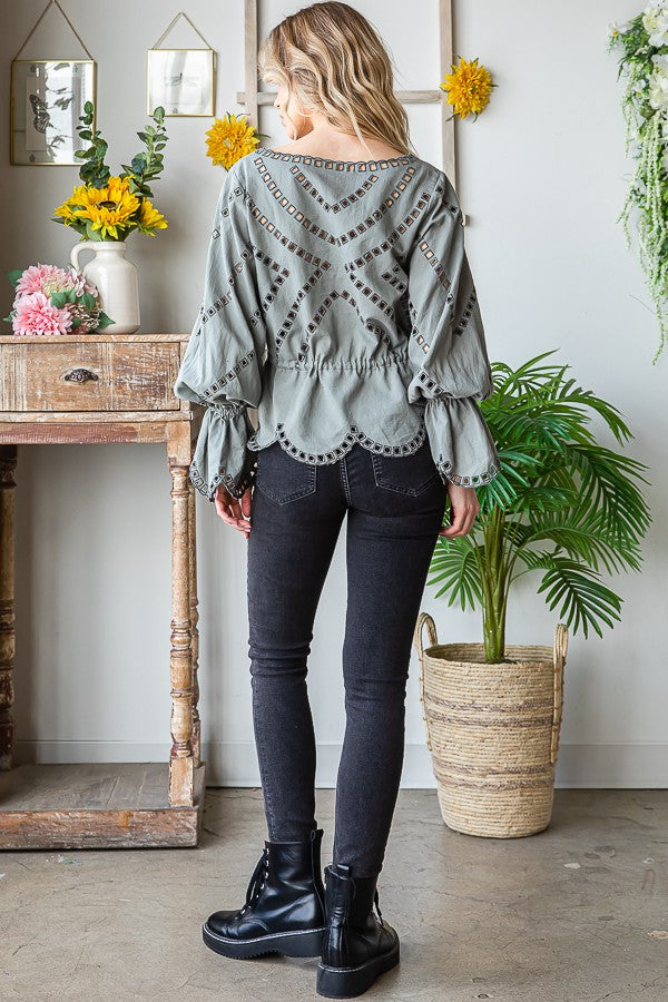 Oli & Hali Embroidered Washed Scallop Edge Top