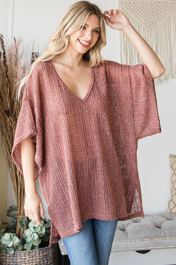 Oli & Hali Low Gauge Loose Fit Solid Knit V Neck Top