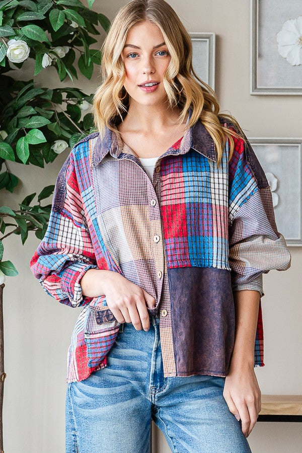 Oli & Hali Washed Plaid Mix Shirt Top