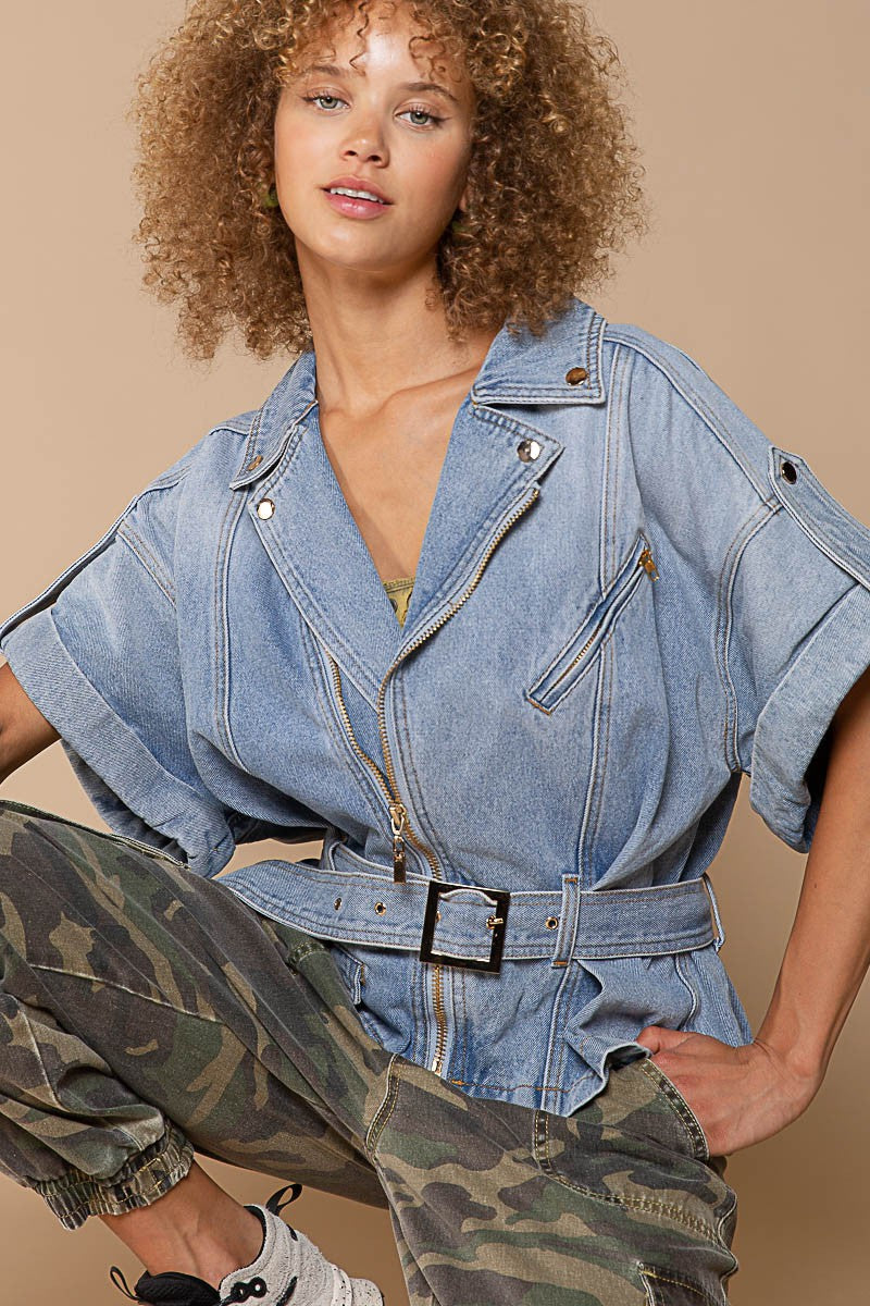 POL Asymmetrical Zipper Dropped Shoulders Waist Belt Denim Jacket - Roulhac Fashion Boutique