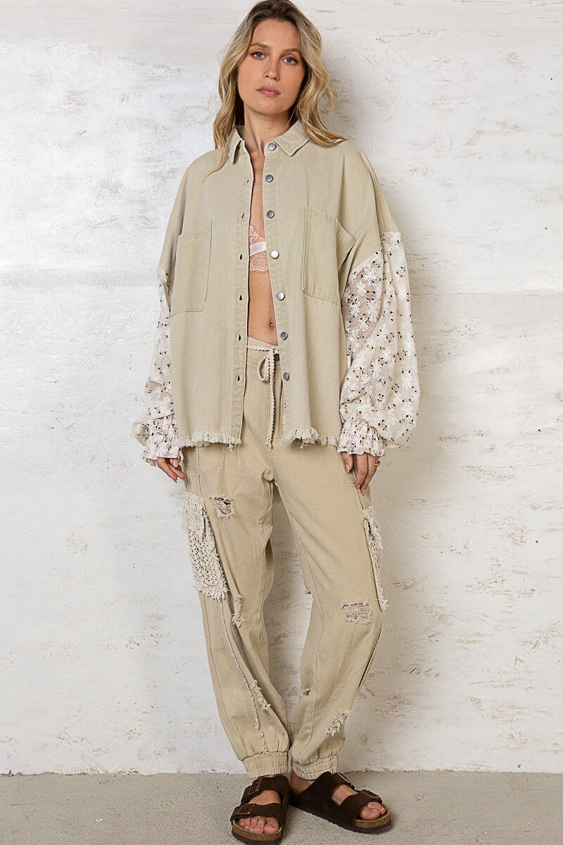 POL Oversize Printed Contrast Lace Sleeve Smock Button Down Shacket - Roulhac Fashion Boutique