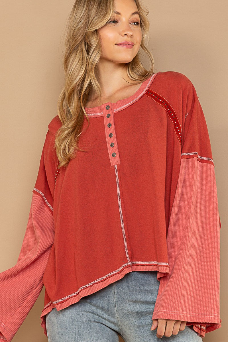 POL Oversize Placket Long Sleeve Studded Trim Knit Top