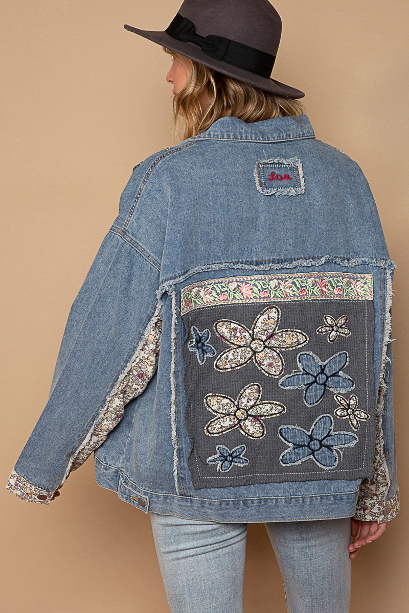 POL Lace Floral Patch Work Button Down Collared Denim Jacket
