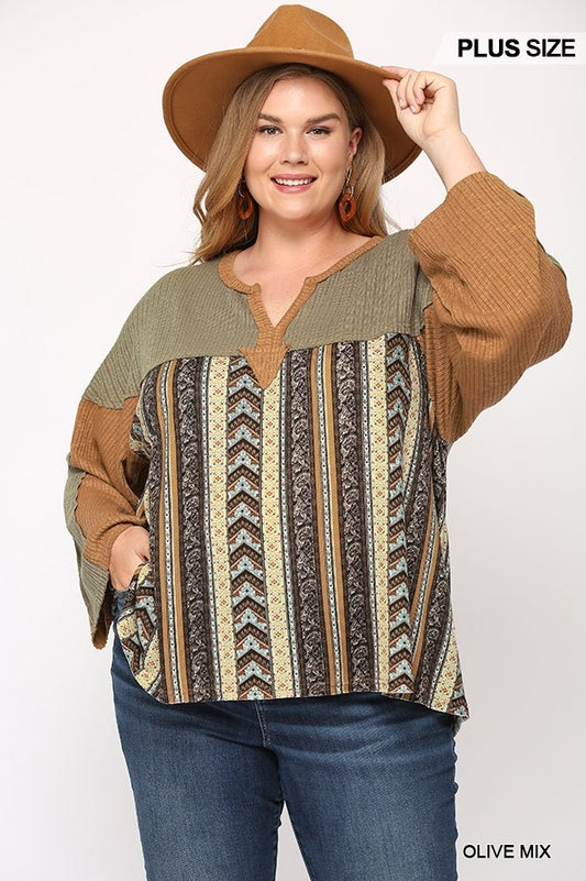 GiGio Plus Print Rib Knit Mixed Raw Edge Top