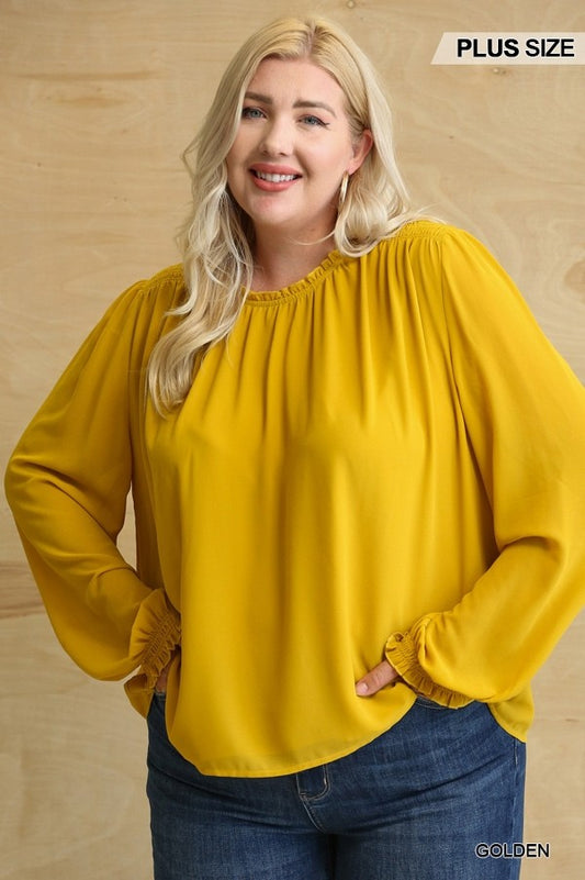 GiGio Plus Solid Chiffon Smocked Back Keyhole Blouse Top