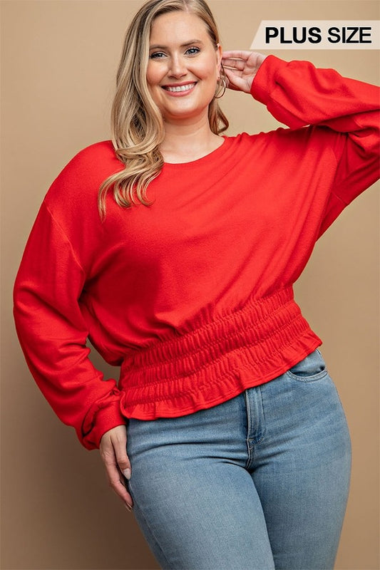 GiGio Plus Solid Dolman Long Sleeve Waist Smocked Top