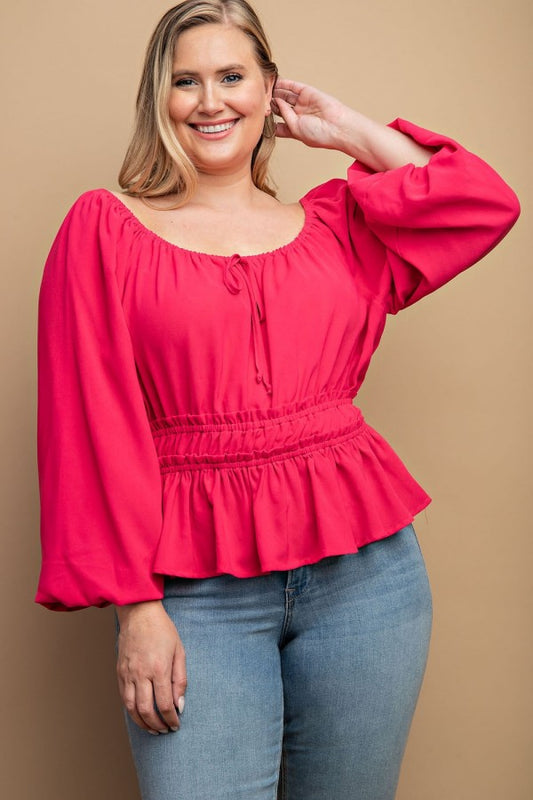 GiGio Plus Bubble Sleeve Elastic Waist Blouse Front Tie Top