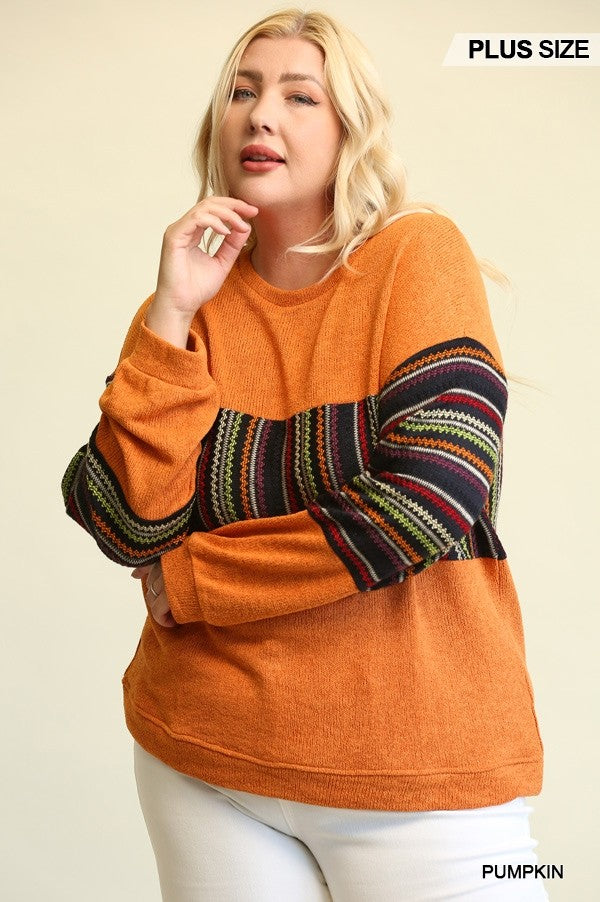 GiGio Plus Novelty Knit Mixed Drop Down Shoulder Loose Fit Top