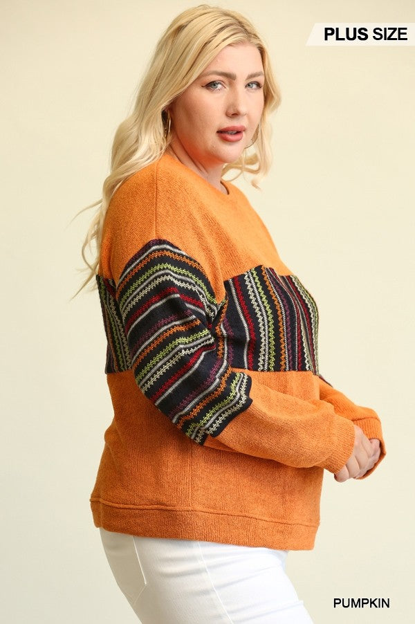 GiGio Plus Novelty Knit Mixed Drop Down Shoulder Loose Fit Top