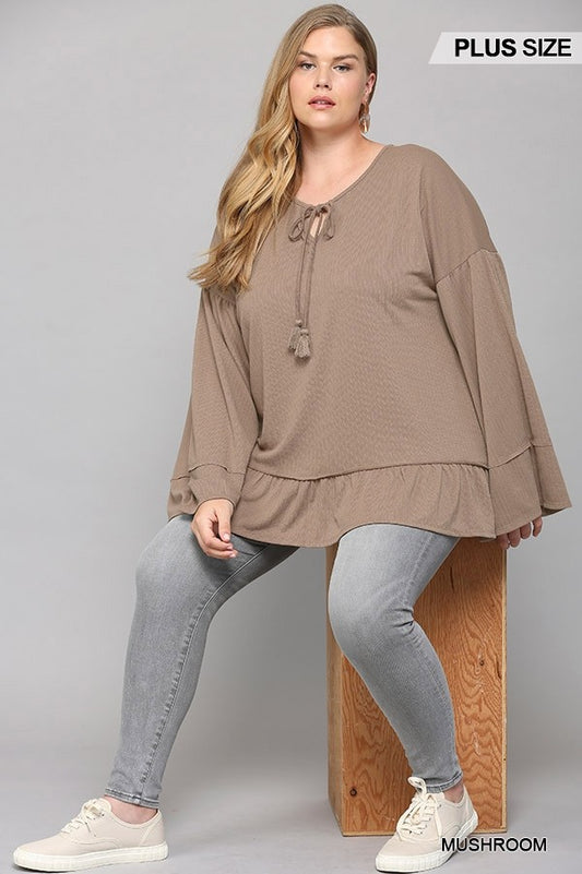 GiGio Plus Solid Textured Knit Bell Sleeve Tassel Tie Tunic Top