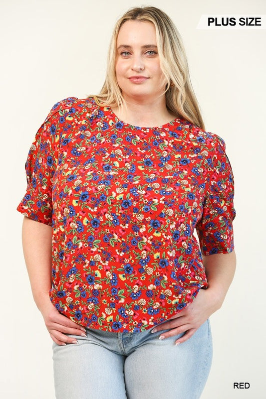 GiGio Plus Floral Printed Splits Puff Sleeve Back Keyhole Top