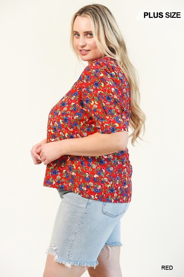 GiGio Plus Floral Printed Splits Puff Sleeve Back Keyhole Top