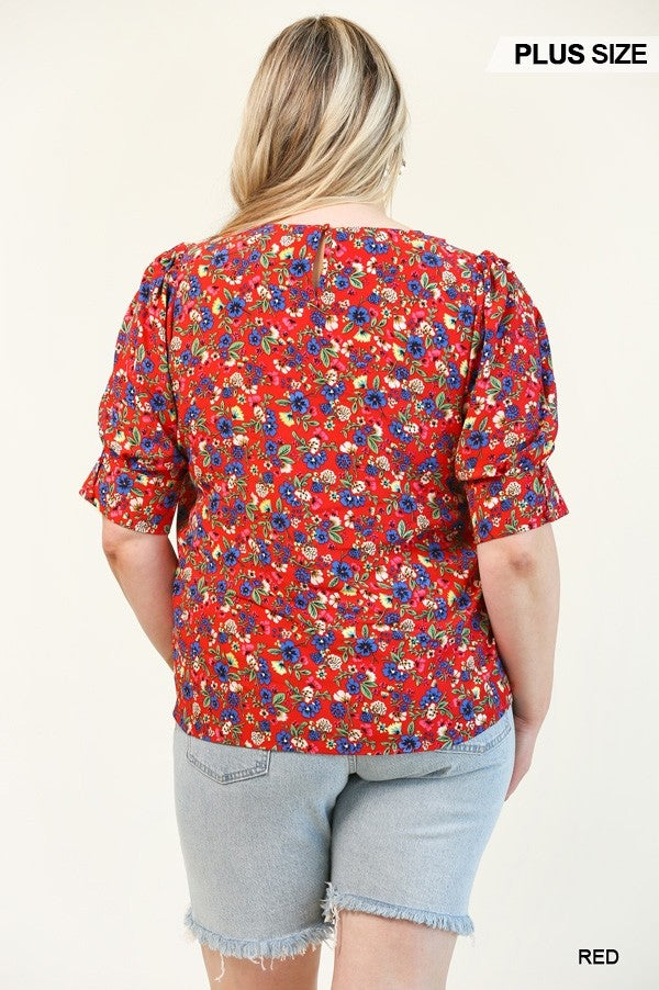 GiGio Plus Floral Printed Splits Puff Sleeve Back Keyhole Top
