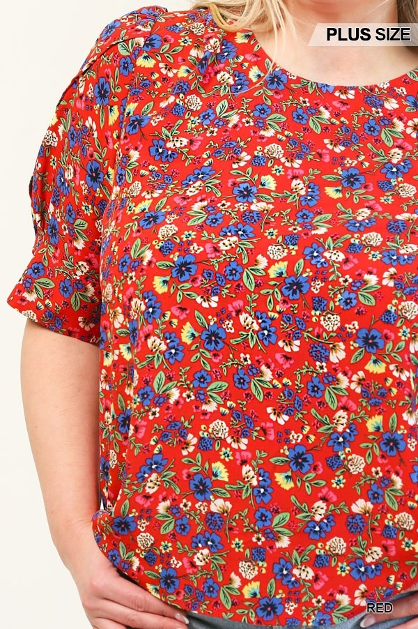 GiGio Plus Floral Printed Splits Puff Sleeve Back Keyhole Top