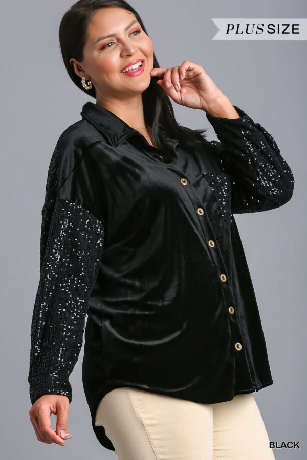 Umgee Plus Velvet Collar Button Down Sequin Sleeves Chest Pocket Jacket - Roulhac Fashion Boutique