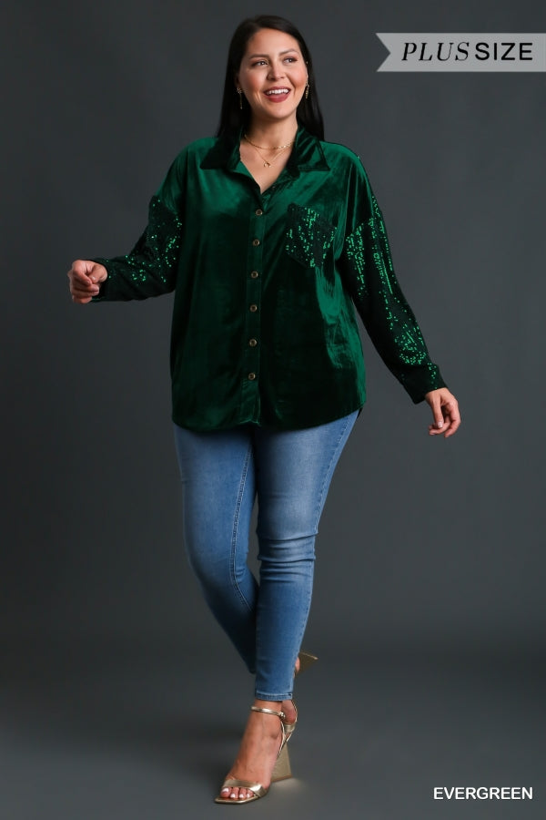 Umgee Plus Velvet Collar Button Down Sequin Sleeves Chest Pocket Jacket - Roulhac Fashion Boutique