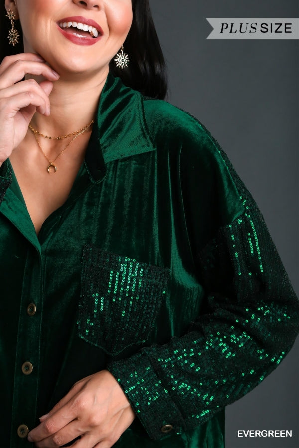Umgee Plus Velvet Collar Button Down Sequin Sleeves Chest Pocket Jacket - Roulhac Fashion Boutique