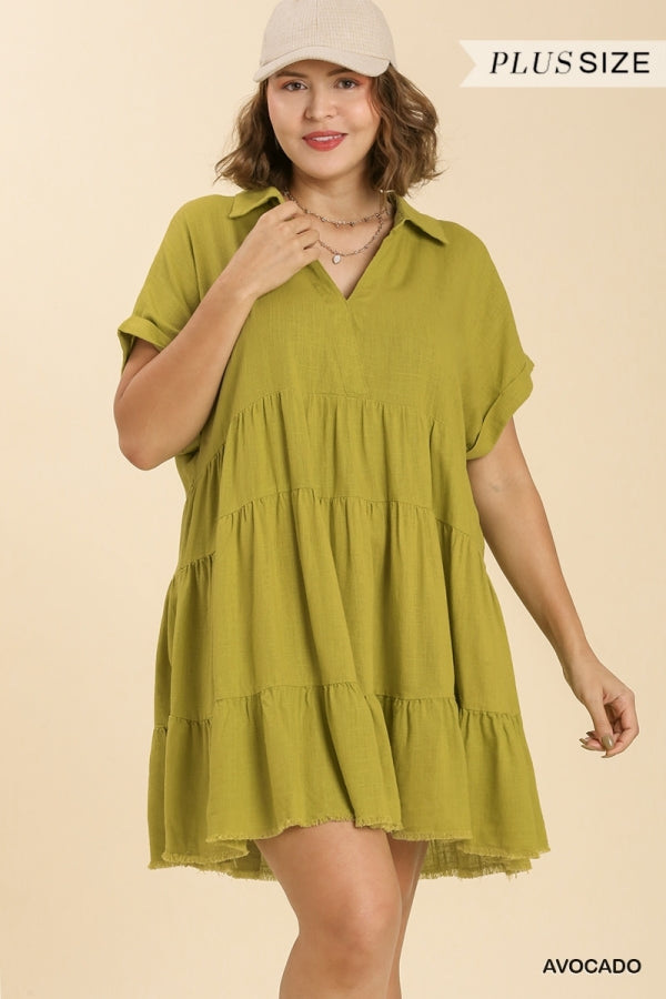Umgee Plus Short Folded Sleeve V-Neck Collar Ruffle Tiered Frayed Dress