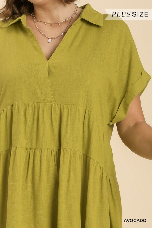 Umgee Plus Short Folded Sleeve V-Neck Collar Ruffle Tiered Frayed Dress