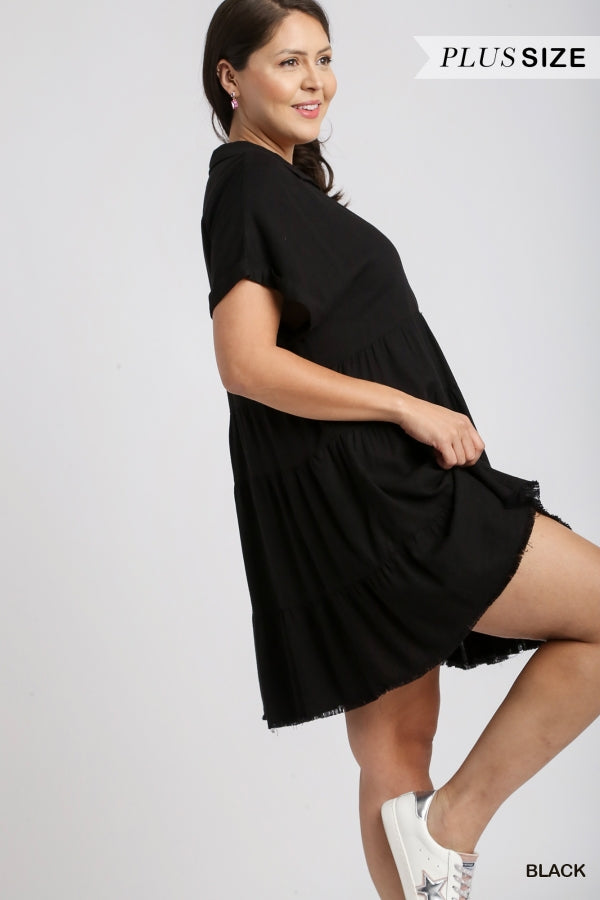 Umgee Plus Short Folded Sleeve V-Neck Collar Ruffle Tiered Frayed Dress