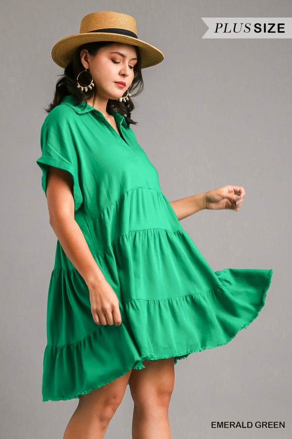 Umgee Plus Short Folded Sleeve V-Neck Collar Ruffle Tiered Frayed Dress