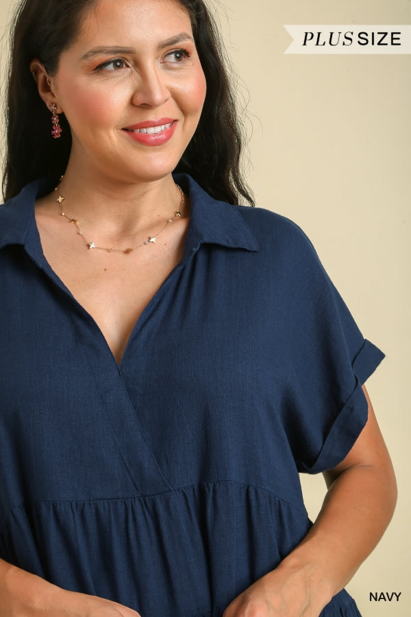 Umgee Plus Short Folded Sleeve V-Neck Collar Ruffle Tiered Frayed Dress - Roulhac Fashion Boutique