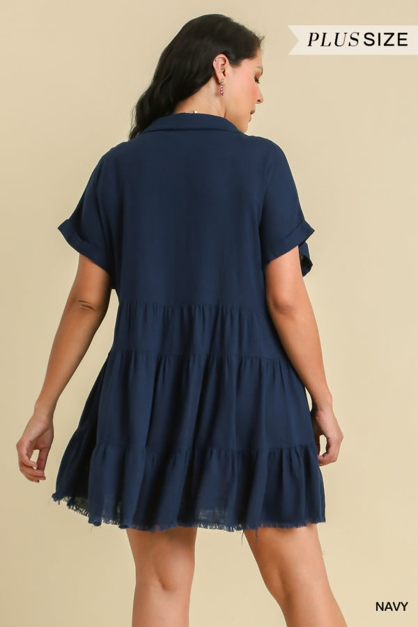 Umgee Plus Short Folded Sleeve V-Neck Collar Ruffle Tiered Frayed Dress - Roulhac Fashion Boutique