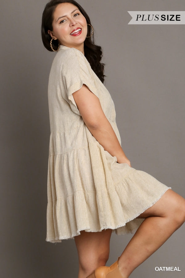 Umgee Plus Short Folded Sleeve V-Neck Collar Ruffle Tiered Frayed Dress