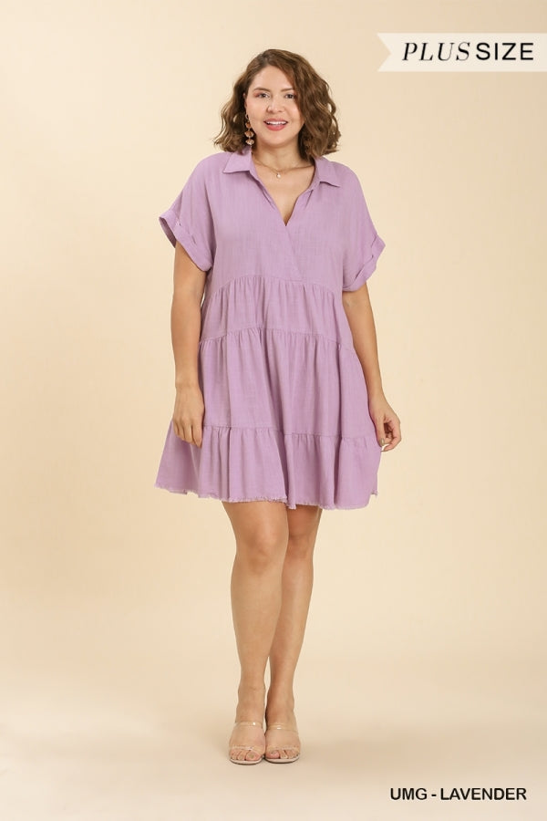Umgee Plus Short Folded Sleeve V-Neck Collar Ruffle Tiered Frayed Dress